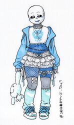  1boy 2025 2d alternate_costume blue_hood blue_jacket blue_leg_warmers blue_shoes blue_skin blue_theme bone_print character_doll choket cinnamoroll colored_skin commentary con-cognito crop_top cropped_jacket crossdressing crossdressing_(mtf) derivative_work doll english_commentary frilled_shorts frills full_body fuwa_fuwa_cinnamoroll grey_choker grey_thighhighs head_tilt heart_necklace heisei_retro highres holding holding_doll hollow_eyes hood hood_down hooded_jacket humanoid jacket jewelry leg_warmers long_sleeves male male_focus male_only midriff monster monster_boy necklace open_clothes open_jacket photo-referenced print_crop_top print_thighhighs sanrio sans_(undertale) shoes shorts simple_background skeleton skull_print sneakers solo standing stuffed_animal stuffed_rabbit stuffed_toy teeth text thighs traditional_media two-tone_shoes undead undertale utdr_(toby_fox) white_background white_crop_top white_shoes white_shorts 