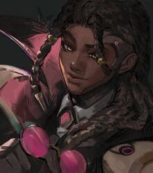  1boy absurdres black_background black_gloves brown_hair cape closed_mouth collared_shirt commentary dark-skinned_male dark_skin doctrine_(overwatch) dreadlocks gloves highres holding holding_removed_eyewear light_smile long_hair looking_to_the_side male_focus mystical_high_collar overwatch red-tinted_eyewear rimless_eyewear round_eyewear shirt sideways_glance simple_background solo tinted_eyewear tnd4015 two-sided_cape two-sided_fabric untranslatable_commentary unworn_eyewear white_shirt wing_collar yellow_eyes 
