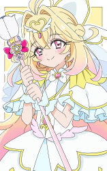 1girl absurdres antenna_hair blonde_hair blush capelet commentary_request cure_arcana dress earrings gradient_hair hair_between_eyes hair_intakes hair_ornament heart heart_hair_ornament highres jewelry layered_dress long_hair meitantei_precure! moria_luluka multicolored_hair pink_eyes pink_hair precure sketch solo spoilers white_capelet white_dress wrist_cuffs xamarin 
