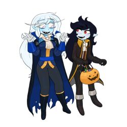  1boy 1girl 1i3anny adventure_time adventure_time:_fionna_and_cake alternate_costume black_hair blue_skin breasts candy colored_skin food full_body grey_skin halloween_costume ice_queen_(adventure_time) jack-o'-lantern long_hair looking_at_another marshall_lee pumpkin red_eyes sharp_teeth shirt smile teeth vampire_costume very_long_hair white_hair 
