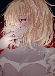 1girl arcueid_brunestud blonde_hair breasts commentary_request gradient_background hand_on_own_face hand_up highres light_blush looking_to_the_side portrait profile red_background red_eyes short_hair sidelocks single_hair_intake smile solo sungoidekame sweater tsukihime turtleneck turtleneck_sweater white_sweater 