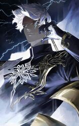  1boy absurdres black_gloves black_shirt blue_eyes character_name closed_mouth commentary dark-skinned_male dark_skin earrings electricity facial_mark fate/grand_order fate_(series) glint gloves gold_earrings gold_trim hand_on_own_face head_rest high_collar highres indra_(fate) jewelry koke_uzm lightning_bolt_facial_mark lightning_bolt_symbol long_sleeves looking_at_viewer male_focus shirt short_hair side_cape single_earring solo upper_body white_hair 