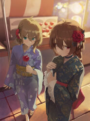  absurdres ahoge backlighting black_choker black_kimono blue_eyes braid broken_heart broken_heart_hair_ornament brown_hair candy_apple choker commentary english_commentary evil_neuro-sama floral_print floral_print_kimono flower food from_above full_body hair_between_eyes hair_flower hair_ornament heart heart_hair_ornament highres holding holding_food japanese_clothes kimono light_blush long_hair long_sleeves looking_at_viewer market_stall mbkona neuro-sama obi outdoors print_kimono purple_kimono red_eyes sandals sash siblings twins vedal_ai virtual_youtuber 