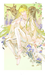  1other absurdres androgynous bird bird_on_hand chensheng375 deer enkidu_(fate) fate/grand_order fate_(series) flower full_body gradient_background green_background green_eyes green_hair highres long_hair other_focus robe smile solo white_robe 
