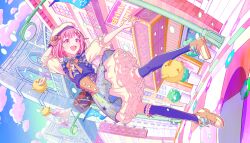  1girl :d arm_up baby_animal bag beret bird bloomers blue_ribbon blue_skirt blue_sky chick city clouds collared_shirt colorful colorful_palette corset drive_to_dream!_(project_sekai) dutch_angle english_text flower footwear_ribbon frilled_shirt_collar frilled_skirt frilled_sleeves frills full_body game_asset hair_flaps hair_ornament hairclip hand_up happy hat high_collar highres jumping neck_ribbon official_alternate_costume official_art ootori_emu orange_corset orange_ribbon orange_shoes outdoors outstretched_arm petticoat pink_eyes pink_hair project_sekai puffy_short_sleeves puffy_sleeves purple_sweater_vest purple_thighhighs ribbon ribbon-trimmed_thighhighs ribbon_trim shirt shoes short_sleeves skirt sky smile solo sweater_vest thigh-highs third-party_source white_bloomers white_hat 