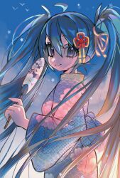  1girl absurdres ahoge bird blue_eyes blue_hair blue_sky closed_mouth clouds commentary english_commentary floral_print floral_print_kimono flower_knot from_side grizzace hair_between_eyes hair_ornament hair_ribbon hair_tie hand_fan hatsune_miku highres holding holding_fan japanese_clothes kimono long_hair long_sleeves looking_at_viewer obi outdoors paper_fan print_kimono ribbon sash seigaiha sky smile solo star_(symbol) twintails uchiwa upper_body very_long_hair vocaloid wide_sleeves yukata 