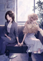  2girls black_hair blonde_hair bow bracelet brown_bow brown_shirt cellphone character_request closed_mouth coffee_mug commentary_request copyright_request couch crossed_legs cup disposable_coffee_cup disposable_cup eyelashes floral_print floral_print_skirt grey_eyes grey_jacket grey_pants hair_ornament hair_scrunchie half_updo hand_on_own_chin highres holding_hands indoors jacket jewelry lapels long_hair long_sleeves mug multiple_girls notched_lapels office_lady official_art on_couch open_clothes open_jacket pants paper phone plant print_skirt scrunchie shirt shirt_tucked_in short_sleeves sitting skirt smartphone suit table watch watch wavy_hair white_scrunchie white_shirt white_skirt window yukiko_(tesseract) yuri 