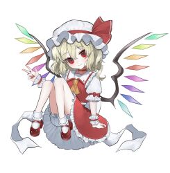  1girl aorin_oekaki ascot back_bow blonde_hair bloomers blush bow closed_mouth collared_shirt commentary_request crystal crystal_wings flandre_scarlet frilled_shirt_collar frilled_wrist_cuffs frills full_body hair_between_eyes hat hat_ribbon highres looking_at_viewer mary_janes mob_cap multicolored_wings one_side_up puffy_short_sleeves puffy_sleeves red_bow red_eyes red_nails red_shoes red_skirt red_vest red_wrist_cuffs ribbon shirt shoes short_sleeves skirt skirt_set sleeve_bow smile socks solo touhou vest w white_bloomers white_bow white_hat white_shirt white_socks wings wrist_cuffs yellow_ascot 