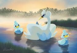  beak bird blue_eyes blue_feathers closed_eyes commentary_request duck ducklett feathers fog lake morning no_humans pokemon pokemon_(creature) pokemon_focus rumiko_(vertlapin96) sunrise swan swanna swimming water white_feathers wings 