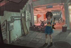  1girl absurdres antenna_hair black_hair black_shoes blue_skirt cable commentary_request concrete eating fish_hair_ornament garage green_eyes gun gun_sling hair_ornament hairclip highres looking_at_viewer manhole_cover moped motor_vehicle neckerchief original pleated_skirt railing red_neckerchief sailor_collar school_uniform serafuku shanchi shoes short_hair skirt socks solo stairs submachine_gun vending_machine weapon white_socks 