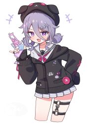  1girl :3 beret black_cardigan black_gloves black_hat blush cardigan cropped_legs fang fingerless_gloves gloves gun hair_between_eyes hand_on_own_hip handgun hat highres holding holding_gun holding_weapon hololive hololive_english jewelry koseki_bijou looking_at_viewer medium_hair miniskirt neckerchief necklace open_mouth purple_hair red_neckerchief school_uniform shirt shutowl simple_background skin_fang skirt smile solo sparkle_hair_ornament thigh_strap violet_eyes virtual_youtuber weapon white_background white_shirt white_skirt 