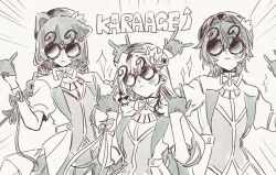  3girls :3 \m/ ange_katrina animal_ears animal_on_shoulder arrow_(symbol) beret bird bird_on_shoulder blush braid closed_mouth commentary contrast_lapels crown_hat_ornament dog_ears dog_hair_ornament double_\m/ emphasis_lines frown gloves greyscale hair_between_eyes hair_intakes hair_ornament half_gloves hands_up hat inui_toko jacket lapels lize_helesta long_hair low_twin_braids matching_eyewear medium_hair monochrome multiple_girls neck_ribbon nijisanji number_glasses one_ear_down paper_texture ribbon ritowani romaji_text sanbaka_(nijisanji) sanbaka_anniversary_outfit sebastian_piyodore short_sleeves single_hair_intake single_wrist_cuff sparkle sunglasses twin_braids untranslatable_commentary virtual_youtuber wrist_cuffs wrist_ribbon 
