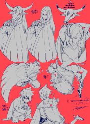  2boys 2girls absurdres bad_id bad_tumblr_id character_request closed_eyes closed_mouth copyright_request double_bun fake_horns flower greyscale_with_colored_background hair_bun hair_tie heart highres holding holding_hair_tie horns ikapnmn2 long_hair mask mouth_hold multiple_boys multiple_girls red_background red_eyes shoes short_hair simple_background translation_request tying_hair 
