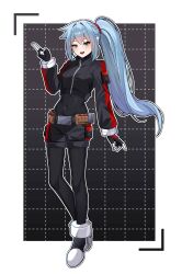  1girl absurdres alternate_costume ashe_(mega_man) belt blue_hair bodysuit boots breasts bullet_belt commission commissioner_upload covered_navel cropped_jacket eyelashes full_body gloves green_eyes high_heel_boots high_heels highres long_bangs long_sidelocks long_sleeves looking_at_viewer medium_breasts mega_man_(series) mega_man_zx mega_man_zx_advent non-web_source open_mouth ponytail shorts sidelocks simple_background solo thighs wayanfa zipper_top 