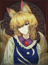  1girl animal_ear_fluff animal_ears blonde_hair blue_tabard border closed_mouth commentary_request cowboy_shot diamond-shaped_pupils diamond_(shape) dress fox_ears fox_girl fox_tail hair_between_eyes head_tilt highres ink_black kitsune kyuubi long_sleeves looking_at_viewer medium_hair missing_headwear multiple_tails outside_border red_background red_border solo spanish_commentary symbol-shaped_pupils tabard tail touhou upper_body white_dress white_trim yakumo_ran yellow_eyes 