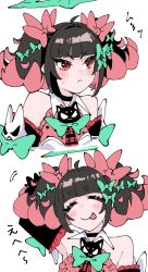  1girl :< angry arm_behind_head ayunyan_pere bare_shoulders black_choker black_hair blush bow choker closed_eyes closed_mouth colored_inner_hair commentary_request detached_sleeves facing_viewer green_bow green_halo hair_bow hair_ornament halo highres multicolored_hair nangong_yu pink_hair portrait red_eyes simple_background sweatdrop tongue tongue_out twintails white_background zenless_zone_zero 