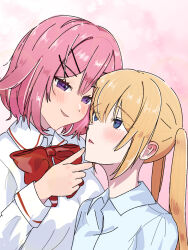  2girls amaori_renako ashigaya_high_school_uniform assertive_female blonde_hair blue_eyes blush bob_cut bow bowtie cheating_(relationship) commentary_request double-parted_bangs dress_shirt ear_blush eye_contact face-to-face grabbing_another's_chin hair_ornament hairclip hand_on_another's_chin long_hair long_sleeves looking_at_another multiple_girls ouzuka_renee parallel_hairclips parted_lips pink_background pink_hair raised_eyebrows red_bow red_bowtie school_uniform shirt short_hair sidelocks simple_background sparkle sparkling_aura twintails upper_body urawayuu violet_eyes watashi_ga_koibito_ni_nareru_wake_naijan_murimuri! white_shirt wing_collar winter_uniform yuri 