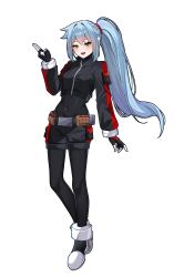  1girl absurdres alternate_costume ashe_(mega_man) belt blue_hair bodysuit boots breasts bullet_belt commission commissioner_upload covered_navel cropped_jacket eyelashes full_body gloves green_eyes high_heel_boots high_heels highres long_bangs long_sidelocks long_sleeves looking_at_viewer medium_breasts mega_man_(series) mega_man_zx mega_man_zx_advent non-web_source open_mouth ponytail shorts sidelocks solo thighs transparent_background wayanfa zipper_top 