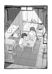  2girls absurdres bed ceiling_light chair closed_eyes commentary_request computer desk fish_tank greyscale highres hougorou indoors laptop lara_(sayonara_lara) long_hair monochrome multiple_girls ootsu_mari sayonara_lara short_hair sitting studying stuffed_animal stuffed_fish stuffed_toy sweatdrop table 