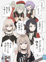  6+girls ave_mujica_(bang_dream!) bang_dream! bang_dream!_it's_mygo!!!!! bare_shoulders black_hair blonde_hair blue_eyes chibi choker closed_eyes commentary_request electric_guitar girls_band_cry green_hair guitar highres instrument kawaragi_momoka laughing misumi_uika multiple_girls purple_hair short_hair speech_bubble tatama togawa_sakiko violet_eyes wakaba_mutsumi wolf_cut yahata_umiri yuutenji_nyamu 