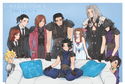  3girls 6+boys aerith_gainsborough aged_down angeal_hewley armor bare_shoulders black_coat black_gloves black_hair black_jacket black_necktie blonde_hair blue_background blue_eyes blue_pants blue_sweater blush boots border braid braided_ponytail brown_hair chest_strap cissnei cloud_strife coat copyright_name couch crisis_core:_final_fantasy_vii crylin6 dress english_commentary final_fantasy final_fantasy_vii genesis_rhapsodos gloves green_eyes grey_hair grin hair_ribbon headband height_difference helmet indian_style jacket kunsel long_hair looking_at_another meme moogle multiple_boys multiple_girls necktie on_couch outside_border pants parted_bangs pillow pink_ribbon piper_perri_surrounded_(meme) ponytail purple_sweater red_coat ribbed_sweater ribbon sephiroth shinra_infantry_uniform shirt short_hair shoulder_armor sitting smile spiky_hair standing suspenders sweater tseng turks_(ff7) white_border white_headband white_shirt yuffie_kisaragi zack_fair 