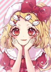 1girl :d blonde_hair bow character_hair_ornament commentary_request flandre_scarlet hair_bow hair_ornament hands_on_own_cheeks hands_on_own_face hello_kitty hello_kitty_(character) highres kyouda_suzuka long_hair looking_at_viewer nail_polish one_side_up parted_bangs pink-tinted_eyewear puffy_short_sleeves puffy_sleeves red_bow red_eyes red_nails red_shirt sanrio shirt short_sleeves smile solo striped_background tinted_eyewear touhou upper_body white_background 