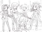  1dtsa akemi_homura gun highres ichidai_taisa kaname_madoka left_4_dead long_hair magical_girl mahou_shoujo_madoka_magica miki_sayaka monochrome multiple_girls pantyhose parody ponytail sakura_kyouko short_hair tears thighhighs tomoe_mami translation_request weapon wink 