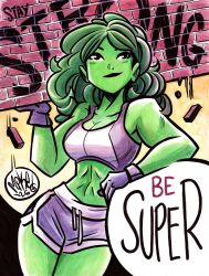  1girl 2026 abs absurdres alt_text artist_logo biceps black_lips broad_shoulders colored_skin commentary dated english_commentary english_text fourth_wall full_moon gloves green_hair green_skin highres holding holding_brick leaning logo long_hair marvel mikemaihack moon muscular muscular_female she-hulk solo the_incredible_hulk_(series) 