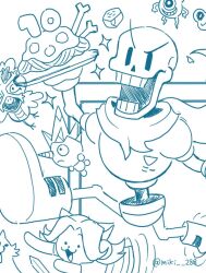  1boy 2025 2d anthro armor artist_name boots cape creature cropped digital_media food froggit furry gloves holding holding_food holding_plate humanoid ice_cap laptop lesser_dog loox male male_focus male_only miki_288 monochrome monster monster_boy papyrus_(undertale) pasta plate print_armor rock shorts simple_background skeleton snowdrake solo_focus spaghetti sparkle spine sword teeth temmie twitter_username undead undertale unfinished utdr_(toby_fox) weapon white_background 