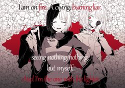  2018 2d 3others again_(vocaloid) ambiguous_gender chara_(undertale) crying digital_media double_horizontal_stripe english_text flower frisk_(undertale) hand_on_own_face headless high_contrast holding holding_lighter horizontal-striped_clothes human kagehi_g lighter long_sleeves lyrics monochrome multiple_others necktie other_focus pants red_background red_eyes short_hair shorts simple_background single_horizontal_stripe striped_clothes striped_sweater suit sweater tears text too_many too_many_flowers trio two-tone_hair two-tone_sweater undertale upper_body utdr_(toby_fox) 