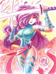  1girl 2026 absurdres alt_text artist_logo artist_name breasts closed_mouth commentary dated dual_wielding energy_sword english_commentary hair_over_one_eye highres holding holding_sword holding_weapon katana large_breasts leotard light_frown logo long_hair marvel mikemaihack narrow_waist psylocke purple_hair red_sash sash signature solo superhero_costume sword weapon x-men x_(symbol) 