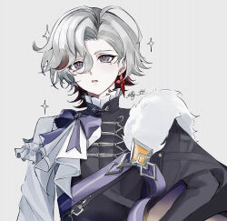  1boy 5g_ttt :o artist_name black_cape black_jacket blue_eyes bow cape commentary_request earrings frilled_shirt_collar frills fur-trimmed_cape fur_trim genshin_impact grey_background grey_hair hair_between_eyes highres illuga_(genshin_cafe_in_seoul)_(genshin_impact) illuga_(genshin_impact) jacket jewelry long_sleeves looking_at_viewer male_focus mole mole_under_eye multicolored_hair official_alternate_costume open_mouth parted_bangs purple_bow purple_ribbon red_hair ribbon shirt short_hair side_cape simple_background single_earring solo sparkle swept_bangs twitter_username two-tone_hair upper_body white_shirt 