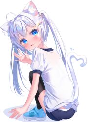 1girl ahoge animal_ears athletic_leotard black_thighhighs blue_eyes blue_shoes buruma cat_ears cat_tail commentary_request full_body gym_uniform hair_ornament hairclip heart heart_tail highres leotard light_blush looking_at_viewer matchanear open_hand open_mouth original shirt shoes squatting tail thigh-highs two_side_up white_background white_hair white_shirt white_tail 