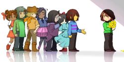  2boys 2girls 4others 72hazelnut absurdres aged_up apron aqua_(deltarune) ballet_slippers blue_(deltarune) boots brown_hair chara_(undertale) commentary_request cowboy_hat crossdressing crossdressing_(mtf) dark-skinned_female dark-skinned_male dark_skin deltarune double_bun dress flower frisk_(undertale) glasses green_(deltarune) hair_bun hair_over_eyes hat headband highres holding holding_flower humanization in-franchise_crossover multiple_boys multiple_girls multiple_others orange_(deltarune) outstretched_hand seth_(deltarune) shorts sleeves_past_wrists standing tutu undertale utdr_(toby_fox) yellow_(deltarune) yellow_flower 