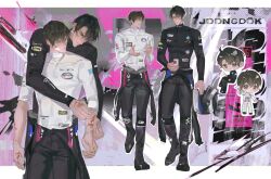  2boys absurdres alternate_costume bandage_on_face bandages black_hair burn_scar chibi chibi_inset clothes_around_waist commentary full_body hands_up highres jacket jacket_around_waist kim_dokja male_focus multiple_boys multiple_views omniscient_reader's_viewpoint pairing_name ruaaaa scar scar_on_arm short_hair sleeves_rolled_up untranslatable_commentary walking yoo_joonghyuk 