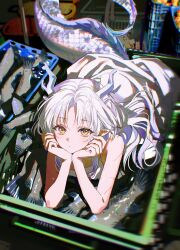  1girl absurdres bare_arms bare_shoulders blurry closed_mouth day dragon_girl dragon_horns dragon_tail dress eastern_dragon_horns eastern_dragon_tail eyelashes fish from_above grey_hair hand_on_own_face head_rest highres horns long_hair looking_at_viewer lying on_stomach original outdoors parted_bangs pong_(pong_o0) scales sleeveless sleeveless_dress solo strapless tail tube_top water white_dress white_tube_top yellow_eyes 
