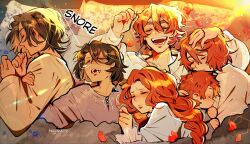  2girls 4boys a_song_of_ice_and_fire absurdres arya_stark bed bed_sheet bran_stark brown_hair closed_eyes closed_mouth english_commentary from_above game_of_thrones highres huyandere jon_snow long_hair lying multiple_boys multiple_girls nose_bubble on_back on_bed open_mouth orange_hair pajamas pillow rickon_stark robb_stark sansa_stark short_hair sleeping 