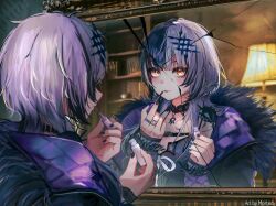  1girl absurdres applying_makeup black_choker black_hair black_jacket black_nails choker coat commentary crack cracked_glass creature fur-trimmed_coat fur-trimmed_jacket fur_trim grey_hair hair_ornament highres hololive hololive_english indoors jacket jewelry lace lace_choker lampshade long_hair looking_at_reflection looking_at_viewer mirror morted_art multicolored_hair multiple_rings ring shiori_novella shiori_novella_(1st_costume) split-color_hair two-tone_hair untranslatable_commentary virtual_youtuber yellow_eyes yorick_(shiori_novella) 