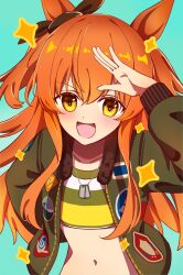  1girl :d absurdres animal_ears aqua_background aquisces_arts arm_behind_back blush bomber_jacket bow brown_ribbon collarbone commentary crop_top dog_tags ear_bow ear_ribbon english_commentary green_jacket halftone halftone_background hand_up highres horse_ears horse_girl jacket long_hair long_sleeves looking_at_viewer mayano_top_gun_(scramble_zone)_(umamusume) mayano_top_gun_(umamusume) midriff navel open_clothes open_jacket open_mouth orange_eyes orange_hair orange_tail ribbon salute simple_background smile solo sparkle two_side_up umamusume upper_body 