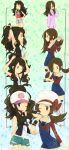  adjusting_hair baseball_cap blue_eyes brown_eyes brown_hair brushing_teeth cabbie_hat combing denim denim_shorts hairdressing hat heart highres how_to kotone_(pokemon) messy_hair midriff overalls pajamas pokemon pokemon_(game) pokemon_black_and_white pokemon_bw pokemon_gsc pokemon_hgss ponytail shorts suzumiyu tank_top thigh-highs thighhighs toothbrush touko_(pokemon) twintails vest wink 