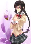  akemi_homura alternate_hairstyle black_hair blue_eyes braid glasses hands_on_own_chest hands_to_chest long_hair mahou_shoujo_madoka_magica pantyhose petals prime puffy_sleeves red-framed_glasses school_uniform solo soul_gem spoilers twin_braids 