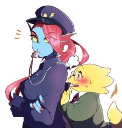  2018 2d 2girls alphys animal_nose anthro behind_another black_eyepatch blue_pants blue_skin blush buck_teeth collared_shirt colored_sclera colored_skin colored_teeth crossed_arms deltarune digital_media dinosaur dinosaur_girl duo ear_fins eyepatch female female_only fins fish fish_girl glasses green_jacket head_fins height_difference high_ponytail jacket kagehi_g lizard lizard_girl lizard_tail long_hair long_sleeves monster monster_girl multiple_girls necktie pants ponytail red_hair red_nails red_necktie reptile reptile_girl reptile_tail scalie sharp_teeth shirt simple_background slit_pupils tail teeth undyne utdr_(toby_fox) whistle whistle_around_neck whistle_in_mouth white_background white_shirt yellow_sclera yellow_skin yellow_teeth yuri 