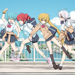  4girls ^_^ absurdres ahoge akita_neru aqua_hair arm_up bag bandaid bandaid_on_leg black_skirt blonde_hair bow brown_shoes brown_socks candy channel_(caststation) closed_eyes clothes_around_waist clothes_grab clouds commentary_request day dragging exhausted food full_body gauze_on_knee grabbing_another's_sleeve hair_bow hatsune_miku headphones headphones_around_neck highres jacket jacket_around_waist kasane_teto loafers locked_arms lollipop long_hair low-tied_long_hair multiple_girls open_mouth outdoors pink_shoes pleated_skirt railing river running school_bag school_uniform scrunchie shirt shoes side_ponytail skirt sneakers socks triple_ryuunen twintails utau very_long_hair vocaloid white_hair white_shirt wrist_scrunchie yellow_eyes yowane_haku 