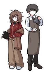  1boy 1girl absurdres apron baggy_pants barista black_eyes black_hair black_necktie black_pants book brown_apron brown_eyes brown_hair brown_pants brown_shawl brown_shirt brown_shoes coffee_pot collared_shirt cup dress_shirt fluffy_hair full_body glasses grin highres holding holding_book holding_coffee_pot holding_saucer jacket looking_at_viewer messy_hair mole mole_under_eye necktie original pants red_jacket round_eyewear saucer shawl shirt shoeguy shoes short_hair simple_background sleeves_past_wrists smile standing teacup white_background white_shirt white_shoes 