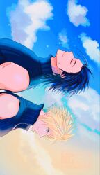  2boys back-to-back bare_shoulders black_hair blonde_hair blue_eyes blue_sky closed_mouth cloud_strife clouds cloudy_sky commentary_request cross_scar final_fantasy final_fantasy_vii final_fantasy_vii:_advent_children from_side highres male_focus multiple_boys outdoors popped_collar profile r_niiico7 ribbed_shirt ribbed_sweater scar scar_on_cheek scar_on_face shirt short_hair sky sleeveless sleeveless_shirt sleeveless_turtleneck smile sweater turtleneck turtleneck_sweater upper_body zack_fair 