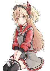  absurdres admiral_hipper_(azur_lane) ahoge areko armpit_cutout azur_lane between_legs black_sleeves black_thighhighs blonde_hair buttons clothing_cutout collar collared_dress cowboy_shot cropped cross dress frilled_dress frills gloves green_eyes grey_dress grey_gloves grey_visor_cap hair_between_eyes hand_between_own_legs headgear highres iron_cross layered_sleeves long_hair long_sleeves multicolored_gloves pout red_collar red_gloves red_sleeves red_trim short_over_long_sleeves short_sleeves simple_background sitting thigh-highs twitter_username two-tone_gloves two_side_up visor_cap white_background 