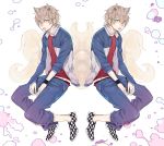  clone copyright_request earrings fox_ears fox_tail grey_eyes grey_hair hair_ornament hairclip highres jewelry male multiple_tails slit_pupils sono tail track_jacket track_pants track_suit wristband 