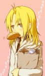  bag bread bread_in_mouth eating edward_elric food fullmetal_alchemist groceries hair_down highres kazi kz_(zkkkha) male milk_carton mouth_hold solo yellow_eyes 