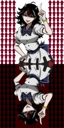 1girl absurdres arm_up arrow_(symbol) arrow_background black_dress black_hair blue_bow bow bracelet breasts buttons collar collared_dress commentary contrapposto cowboy_shot dress english_commentary evil_grin evil_smile gold_bracelet grey_horns grin hand_on_own_hip highres horns jewelry kijin_seija kinoshii-shroom looking_at_viewer medium_breasts medium_hair multicolored_dress multicolored_hair multiple_views open_mouth pointing pointing_up puffy_short_sleeves puffy_sleeves red_background red_collar red_dress red_eyes red_streaks sash shaded_face sharp_teeth short_sleeves small_horns smile streaked_hair teeth tongue tongue_out touhou upside-down waist_bow waist_sash white_background white_dress white_hair white_streaks 