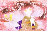  brown_hair bust butterfly clock conronca flower flowers gears hands_clasped highres japanese_clothes kimono light_smile long_hair original petals pink_hair robot solo symbol-shaped_pupils twintails yellow_eyes 